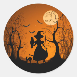 Halloween Hexenkatze und Mond Runder Aufkleber