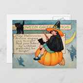 Halloween-Hexenkatze Vintage Postkarte (Vorne/Hinten)