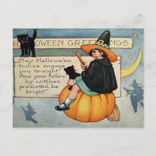 Halloween-Hexenkatze Vintage Postkarte (Vorderseite)
