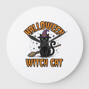 Halloween-Hexenkatze Vintage-Stich-Design_1 Große Wanduhr