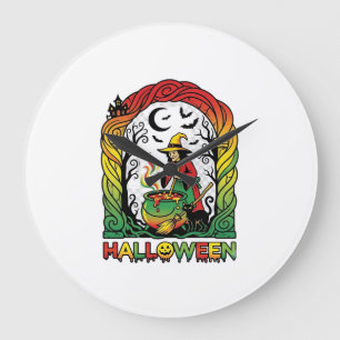 Halloween Hexenkessel braut schwarze Katze Gruseli Große Wanduhr