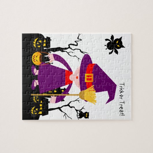 Halloween-Hexenkind macht Trick oder behandelt Puzzle (Horizontal)