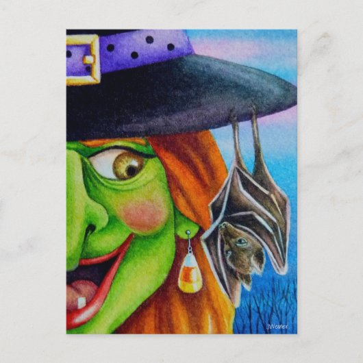 Halloween Hexenkunst und Bat-Wasserfarbenkunst Postkarte (Vorderseite)