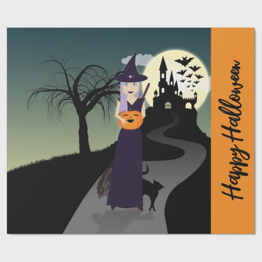 Halloween Hexenkürbis Schwarze Katze Dein Text Geschenkpapier (Flach)