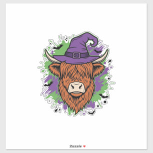 Halloween Highland-Kuh Hexenhut Vintage Vektor_1 Aufkleber