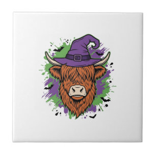 Halloween Highland-Kuh Hexenhut Vintage Vektor_1 Fliese