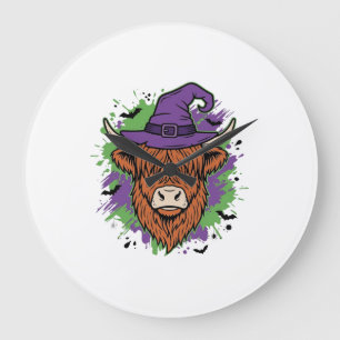 Halloween Highland Kuh Hexenhut Vintage Vektor_1 Große Wanduhr