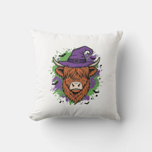Halloween Highland Kuh Hexenhut Vintage Vektor_1 Kissen
