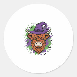Halloween Highland Kuh Hexenhut Vintage Vektor_1 Runder Aufkleber