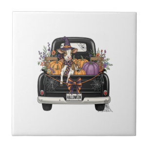 Halloween Highland-Kuh mit Lastwagen Fliese