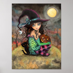 Halloween Hill Niedliche Gothic-Hexe und Katzenkun Poster