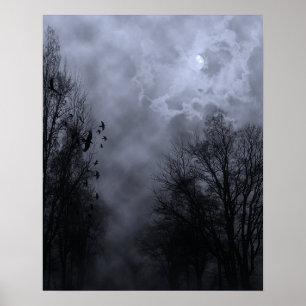 Halloween Himmel mit Raben Blau Nebel Poster
