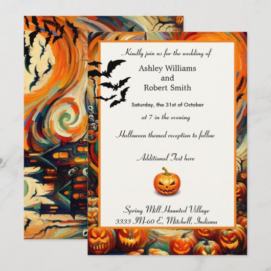Halloween Hochzeit farbenfrohe Pumpkin-Fledermäuse Einladung (Vorne/Hinten)