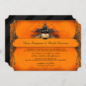 Halloween-Hochzeit laden - orange u. schwarze Einladung (Vorne/Hinten)