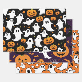 Halloween Holiday Pumpkin Ghost Bats Black Lila Geschenkpapier Set