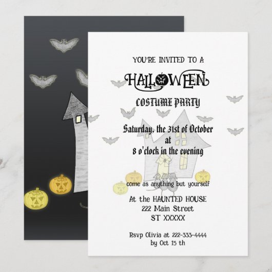 Halloween House, Schwarze Katzen, Fledermäuse, Kür Einladung (Vorne/Hinten)