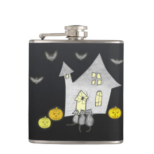 Halloween House, Schwarze Katzen, Fledermäuse, Kür Flachmann