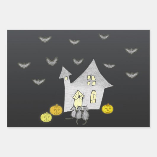 Halloween House, Schwarze Katzen, Fledermäuse, Kür Geschenkpapier Set (Vorderseite)