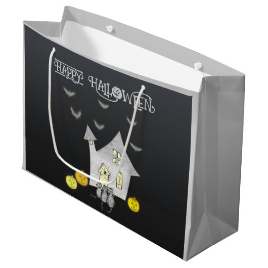 Halloween House, Schwarze Katzen, Fledermäuse, Kür Große Geschenktüte (Vorderseite Schrägansicht)