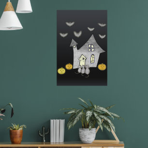 Halloween House, Schwarze Katzen, Fledermäuse, Kür Poster