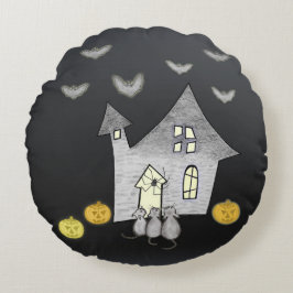 Halloween House, Schwarze Katzen, Fledermäuse, Kür Rundes Kissen