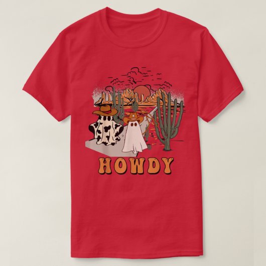 Halloween Howdy Ghouls, Boo Haw Cowboy, Desert Sun T-Shirt (Design vorne)