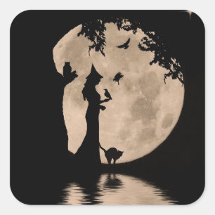 Halloween hübsche Hexe und vertraute Katze Eule Ra Quadratischer Aufkleber