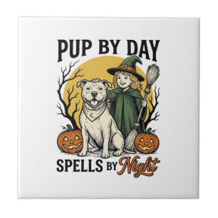 Halloween-Hund-Hexe-Shirt Vintage-Engraving Hausti Fliese
