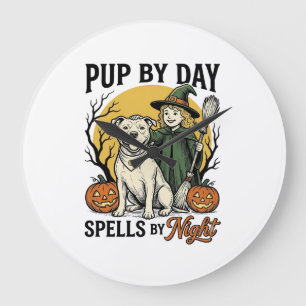 Halloween-Hund-Hexe-Shirt Vintage-Engraving Hausti Große Wanduhr
