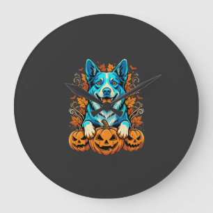 Halloween-Hund mit Jack-O-Lantern-Kürbissen_1 Große Wanduhr