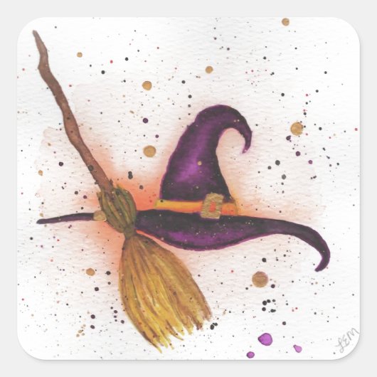 Halloween-Hut und Broom Quadratischer Aufkleber (Vorderseite)