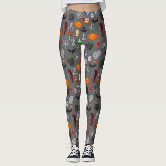 Halloween Icons Pattern Grau Leggings (Vorderseite)