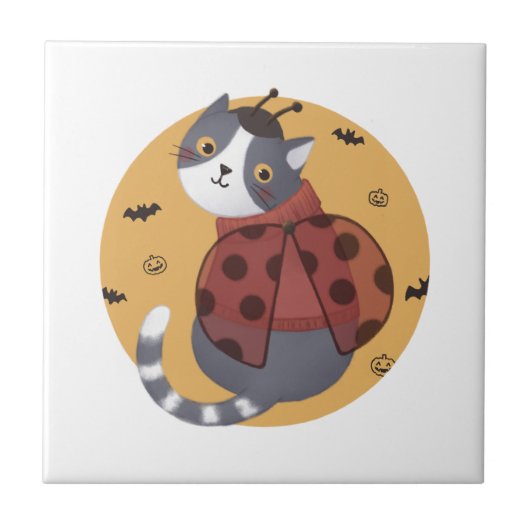 Halloween Illustration: Ladybug Cat Fliese (Vorderseite)