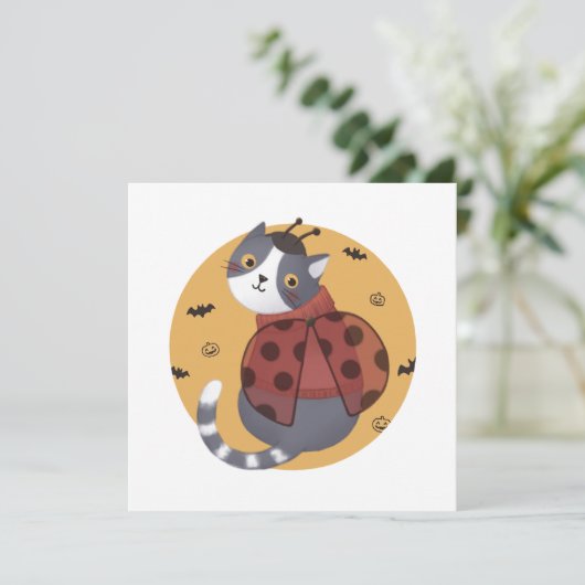 Halloween Illustration: Ladybug Cat Karte (Stehend Vorderseite)