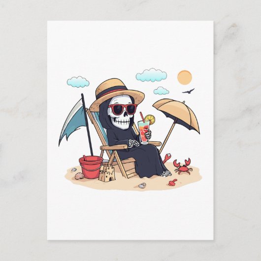 Halloween im Sommer – Sensenmann am Strand Postkarte (Vorderseite)