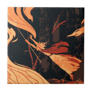 Halloween im Vintage-Stil, Böse Hexe mit Feuer im  Fliese