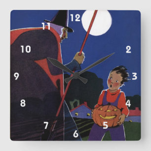 Halloween im Vintage-Stil, unheimliche Hexe mit Ju Quadratische Wanduhr
