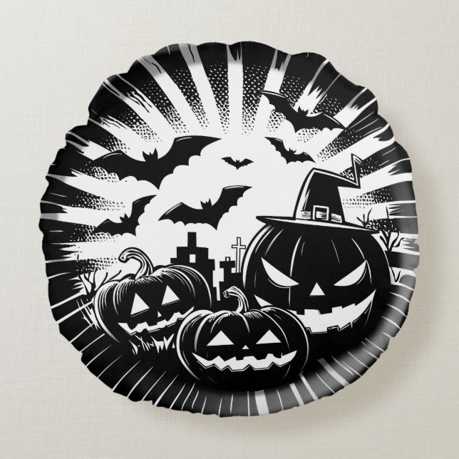 Halloween in black and white rundes kissen (Vorderseite)