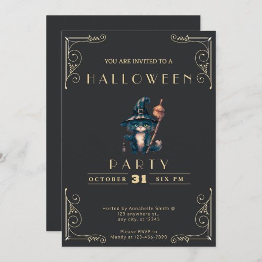 Halloween in der Schwarz-Gold-Schwarz-Katze Einladung (Vorne/Hinten)