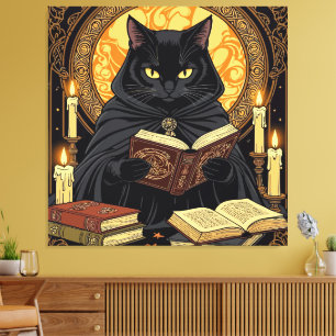 Halloween in Hardcover: Eine Katze liest Bücher Leinwanddruck