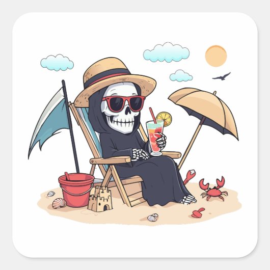 Halloween in Summer – Grim Reaper on the Beach Quadratischer Aufkleber (Vorderseite)