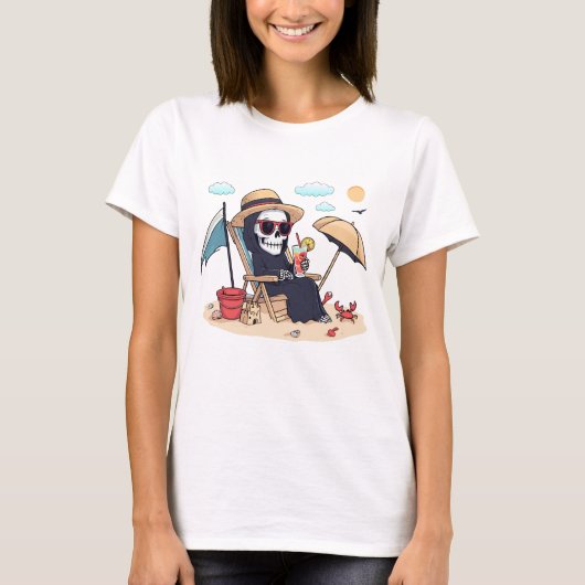 Halloween in Summer – Grim Reaper on the Beach T-Shirt (Vorderseite)