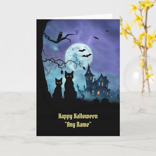 Halloween-Individuelle Name mit Niedlichen Katzen Karte (Gelbe Blume)
