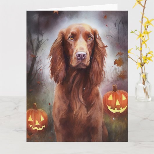 Halloween Irish Red Setter mit Pumpkins Beängstige Karte (Gelbe Blume)