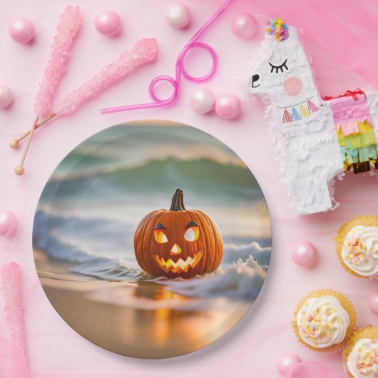 Halloween Jack-o-Lantern am Strand Pappteller (Party)