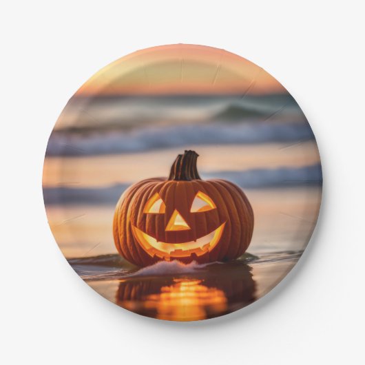 Halloween Jack-o-Lantern am Strand Pappteller (Vorderseite)