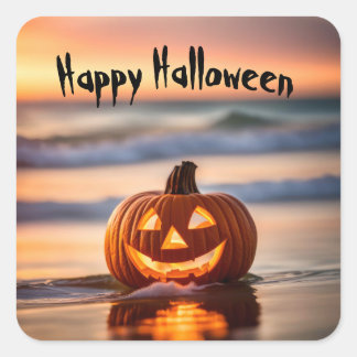 Halloween Jack-o-Lantern am Strand Quadratischer Aufkleber