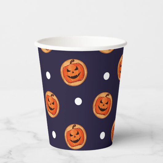 Halloween Jack-O-Lantern Cookie Navy Polka Dots Pappbecher (Vorderseite)