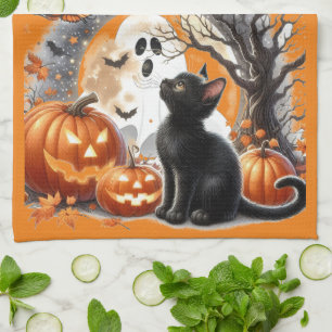 Halloween Jack O Lantern Kürbis und Katze Geschirrtuch