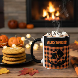 Halloween Jack-O-Lantern Orange & Black Plaid Name Tasse